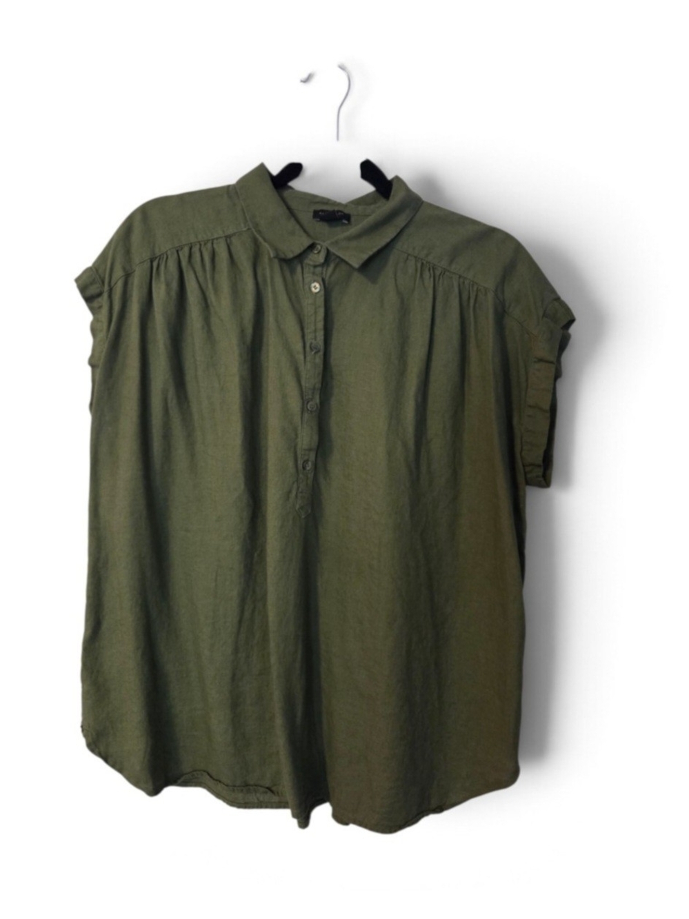 Ann Taylor Olive Green Short Sleeve Collared Top Gathered Detail